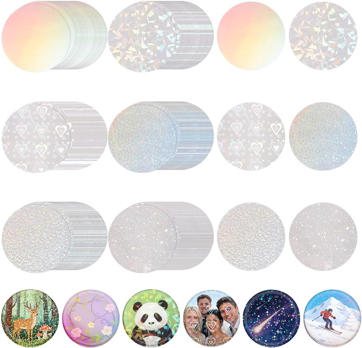 300 stuks 6 stijlen badge beschermfolie 70 mm/2,76 inch knopmaker benodigdheden holografische glitterfilm voor 58 mm knopmaker ronde badge-knoppen maken onderdelen voor doe-het-zelf