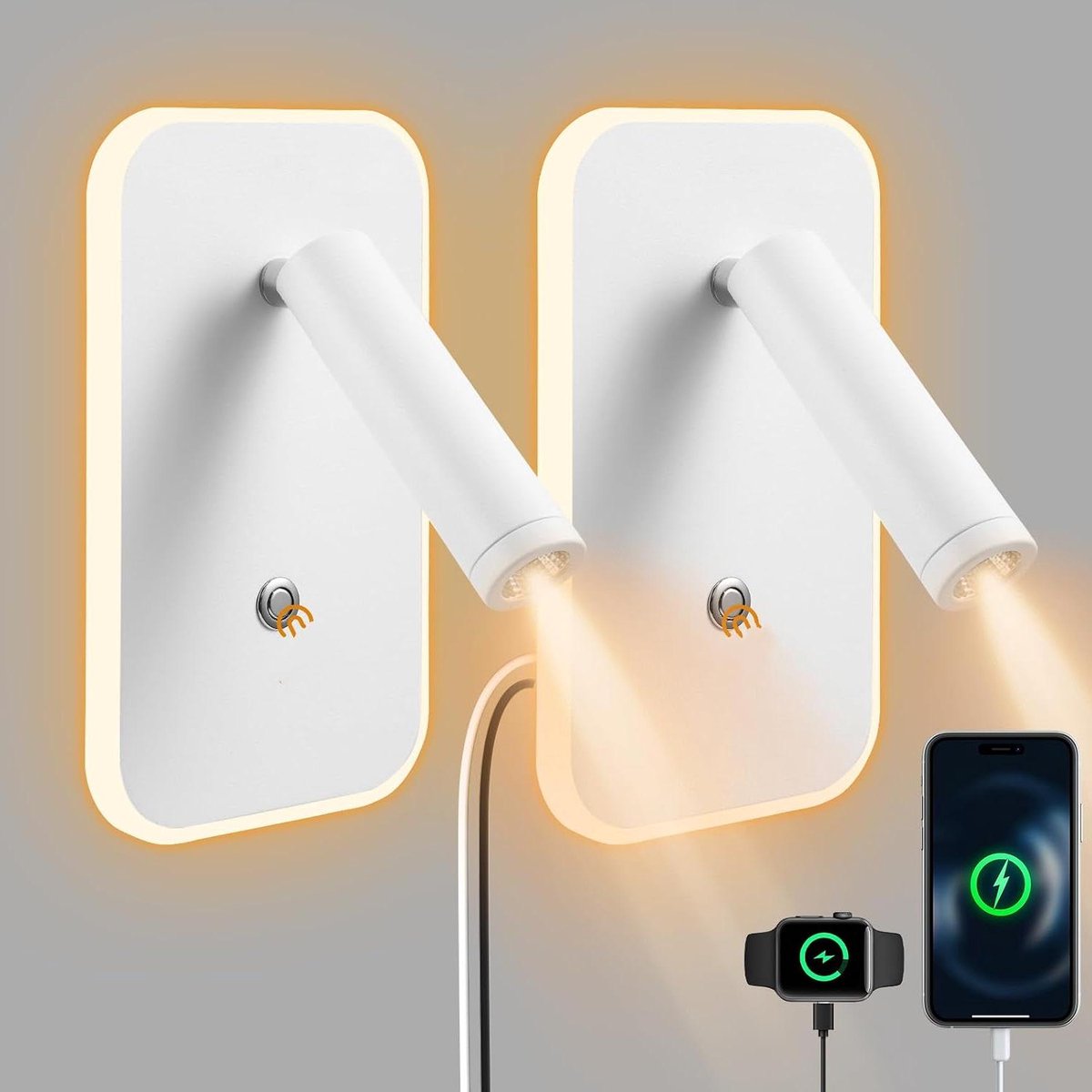 Led Leeslamp - Wandlamp USB - Lezen en Opladen - Traploos Dimbare - 2 Stuks - Wit