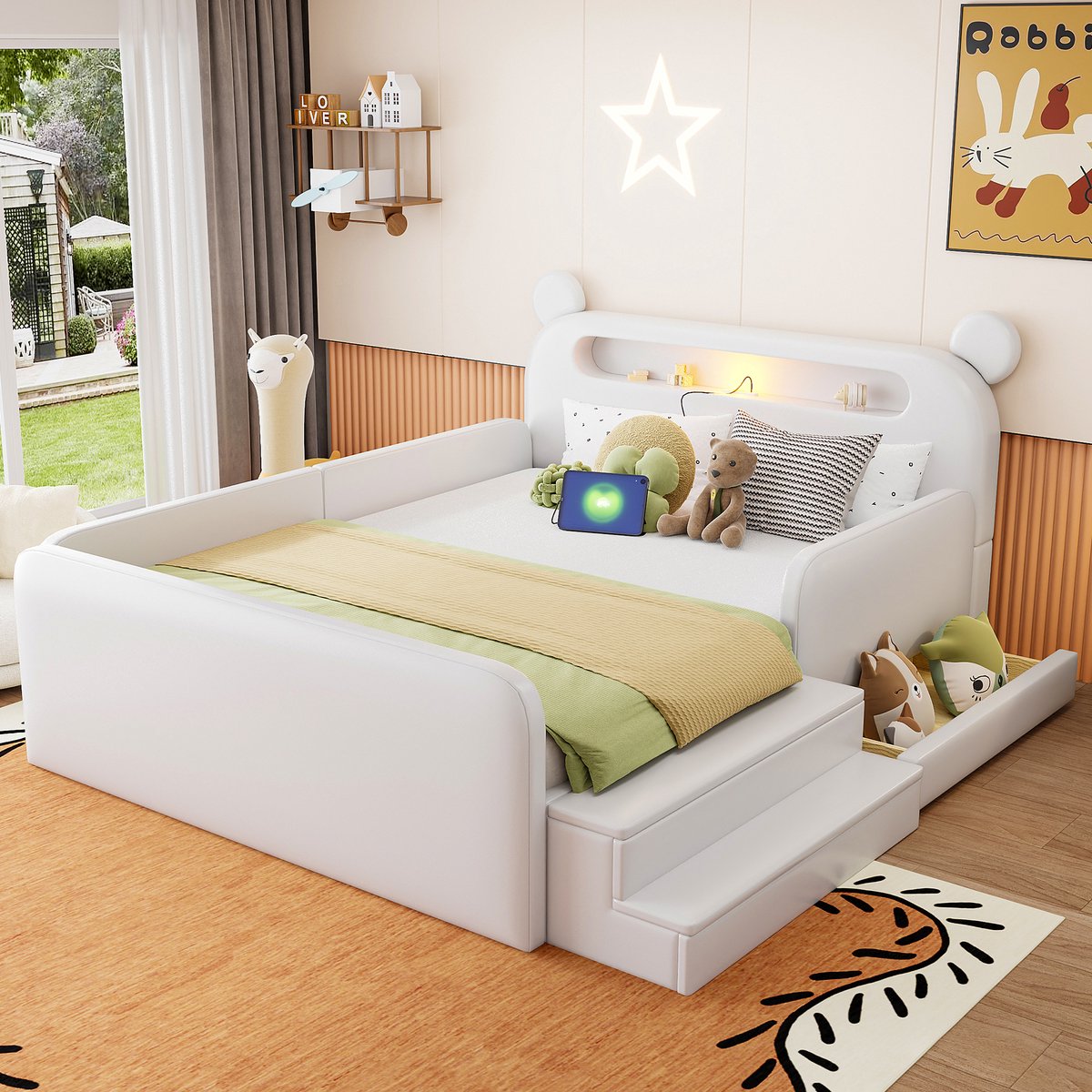 VVBV Bed met Opbergruimte 140x200 – Gestoffeerd Tweepersoonsbed van Upholstered met Opbergruimte, Lades, Opberghoofdbord en USB – Minimalistisch – Wit
