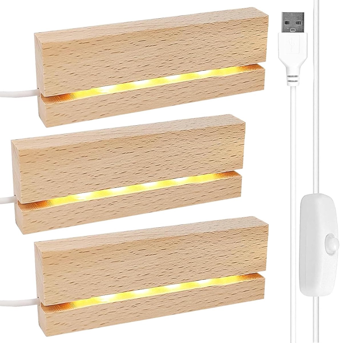 Houten LED Lampenvoet - Verlichte Basis voor Tafellampen, Displayhouders en USB-Pedestals (3 Stuks)