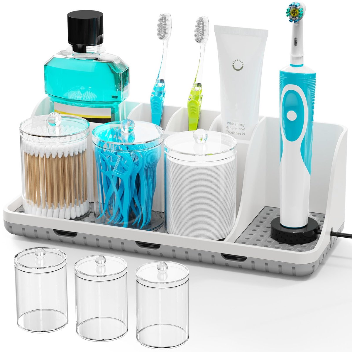 Tandenborstelhouder met Tandpastahouder - Badkamer Organizer voor Elektrische Tandenborstels - Inclusief 3x Wattenstaafjeshouders - Ruimtebesparende Opberger voor Gezin - Wit
