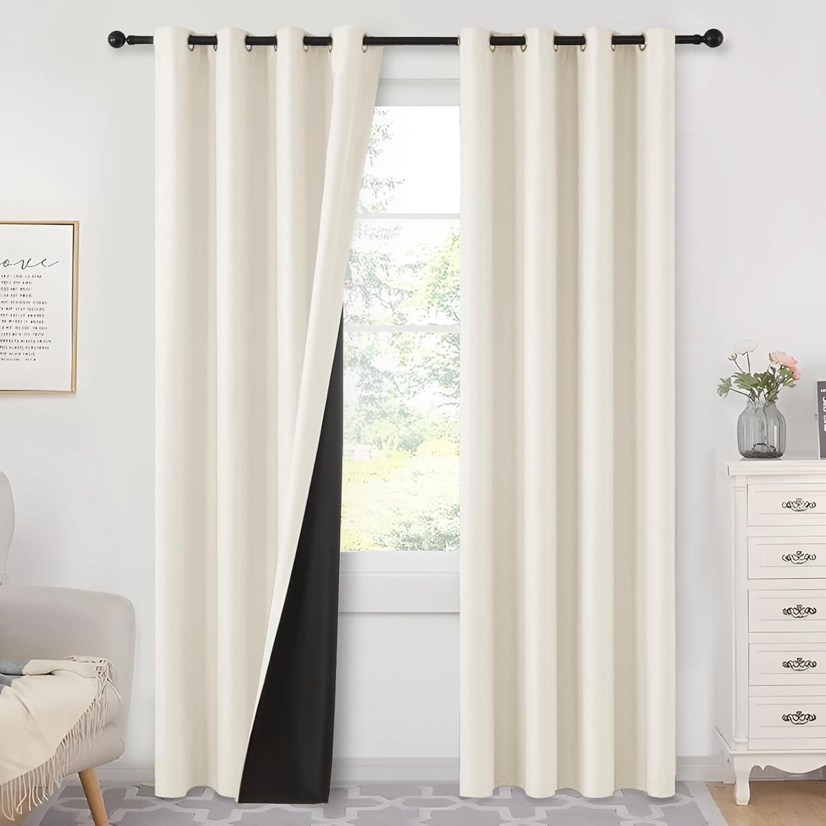 Thermogordijn, bescherming tegen kou, 100% gordijn, ondoorzichtig, gordijnen met inslagringen, lichtbeige, set van 2, 200 cm lang, 140 cm breed, verduisteringsgordijnen voor woonkamer,