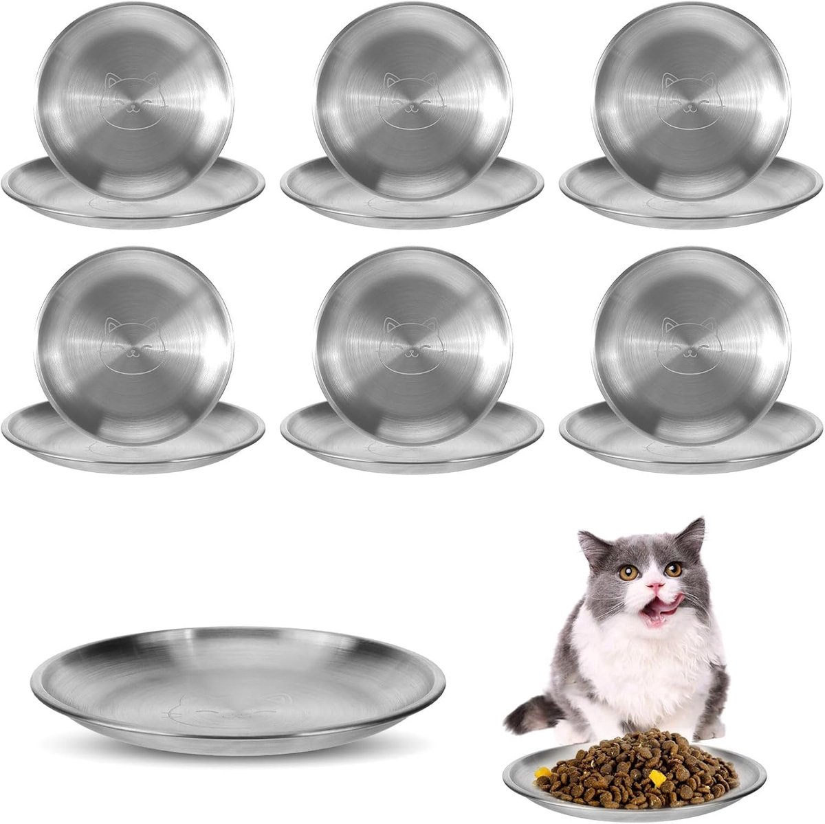 6 stuks kattenbak roestvrij staal kattenbak plat | Voederbakset met siliconen pads, antislip, hygiënisch, gemakkelijk te reinigen, kittens, korte poten en kleine honden