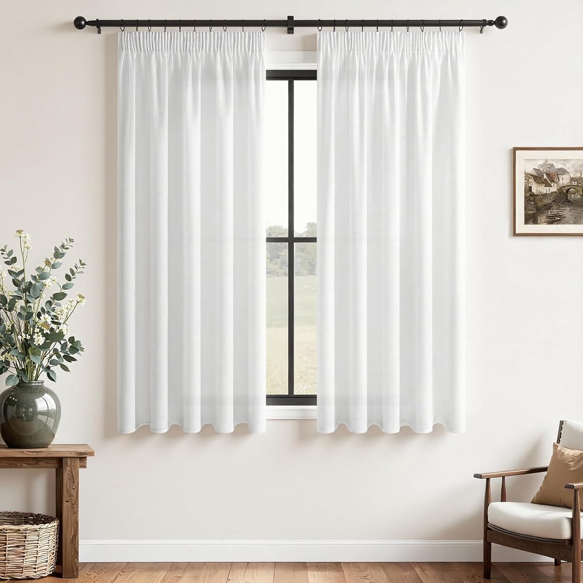 Gordijnen met plooiband, linnen, gordijn, wit, set van 2, 145 x 140 cm (h x b), gordijn, linnenlook, semi-transparant, landhuisstijl, modern, voor slaapkamer, raam, gordijn, elegant
