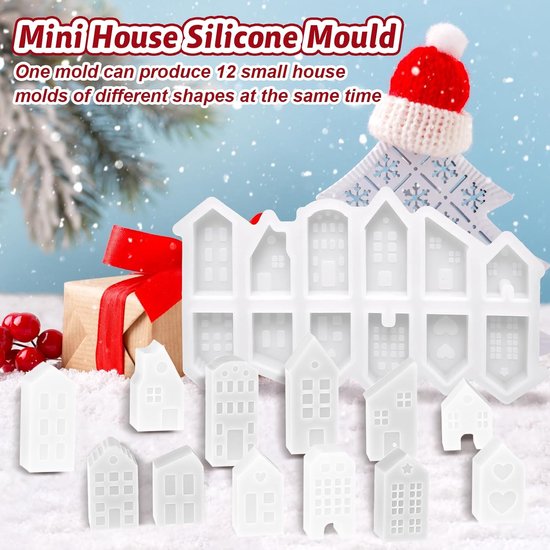 Gietvormen, 12 vormen Mini siliconenvorm Huizen, Siliconen Gietvorm Mini-Huizen Siliconenvorm Kerstmis voor Sojawas Kaarsen DIY Kaarsen Zeep Gips — afbeelding 4