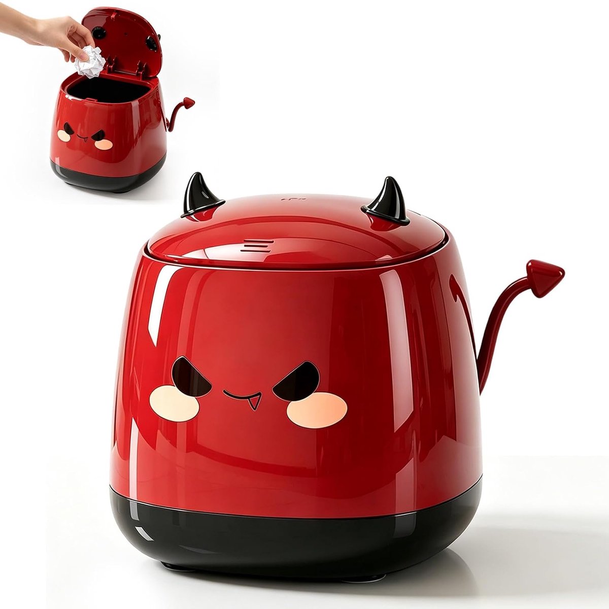Mini-tafelprullenbak met deksel, schattige cartoon-tafelprullenbak, prullenbak, opbergdoos, vuilnisemmer met zwenkdeksel, draagbare afneembare tafelafvalemmer voor wastafel, kantoor, bureau (rood)
