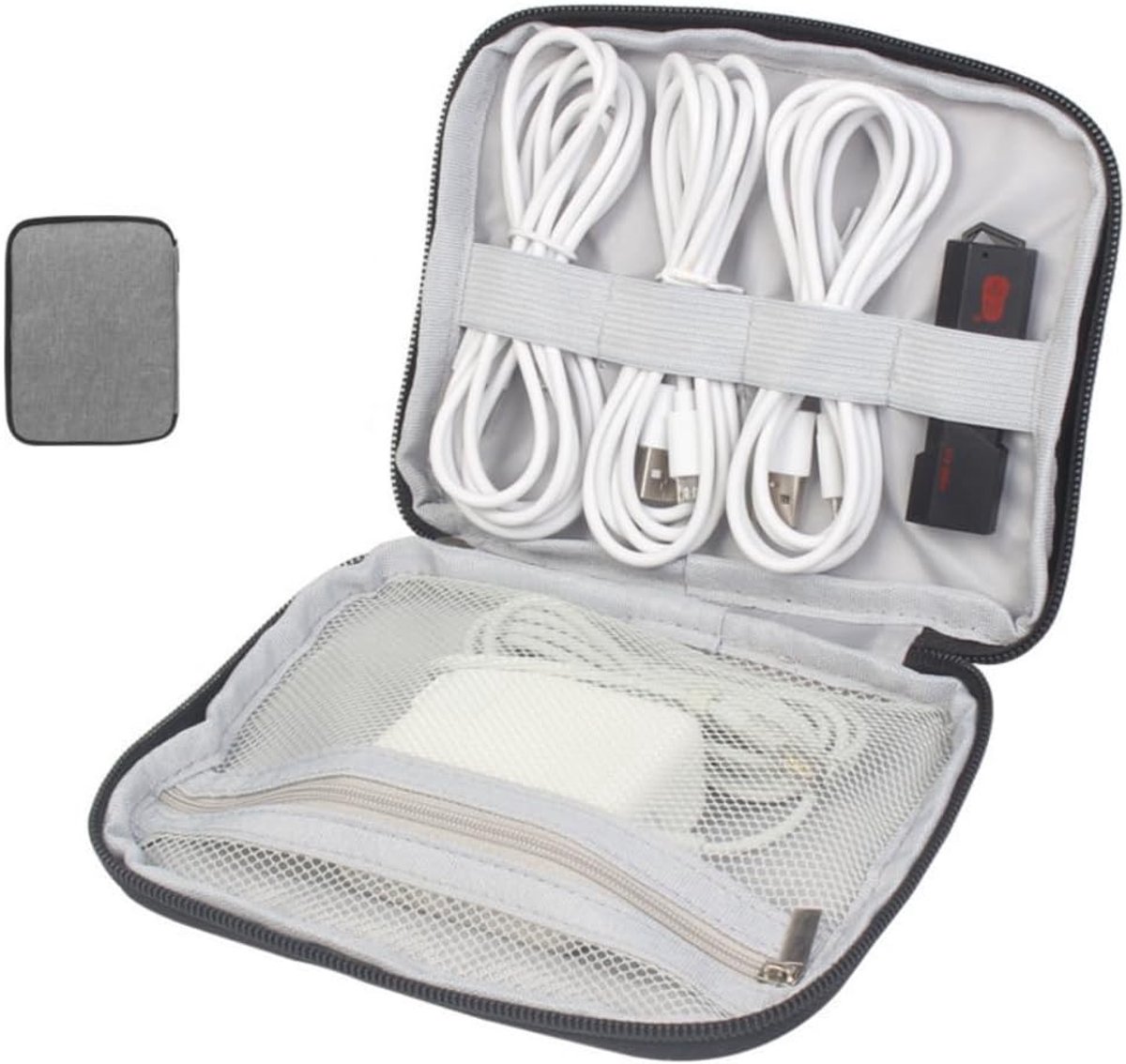 Tas, waterdichte elektronische kabelorganizer, reizen, accessoires, universele tas voor USB, SD-kaarten, oplader, harde schijf, grijs