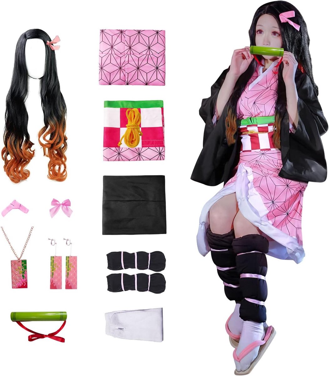 11 stuks Japanse Anime Demon Slayer cosplay: Kamado Nezuko cosplay-kostuum met pruik, vrouwelijke kimono, Halloween carnavalset, geschikt voor cosplay