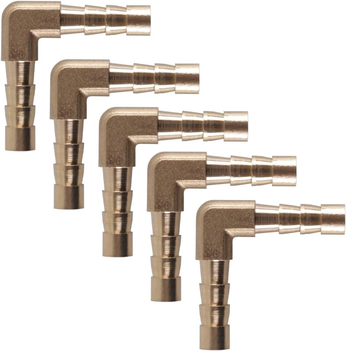 5 stuks messing slangaansluiting 90 graden L-type aansluiting weerhaak kniebuis voor lucht water gas (buitendiameter 10 mm)