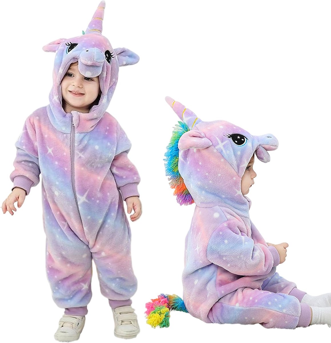 Eenhoorn-kostuum regenboog draak dinosaurus unisex voor kinderen, dierenrompers van pluche eendelig met capuchon voor kinderen