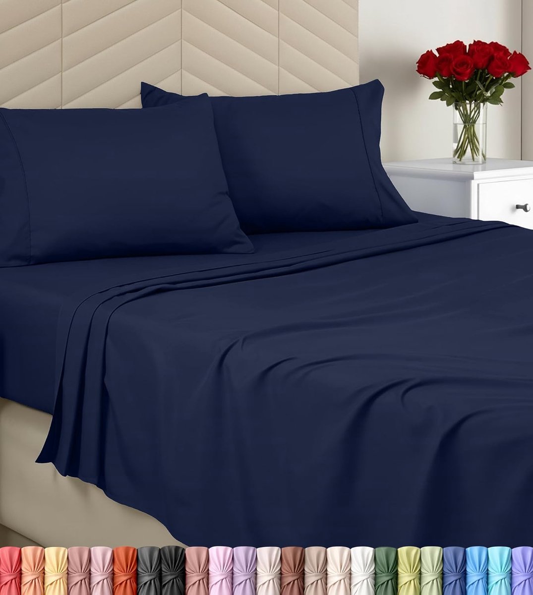 Bedding Queen lakenset - geborsteld microvezel - zachte lakens voor queensize beddenset - luxe beddengoed lakens met hoeslaken, plat laken en 2 kussenslopen - diepe zak (marineblauw)