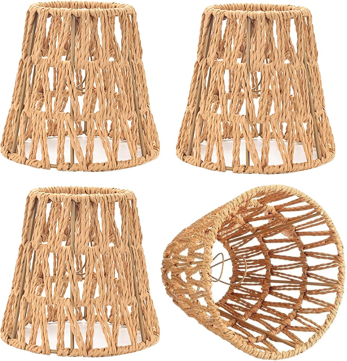 4 stuks lampenkap rotan, lampenkap hanglamp, boho, tafellamp vervangscherm, accessoires voor hanglamp plafondlamp staande lamp, H 15,8 cm, Ø 15 cm, kaki