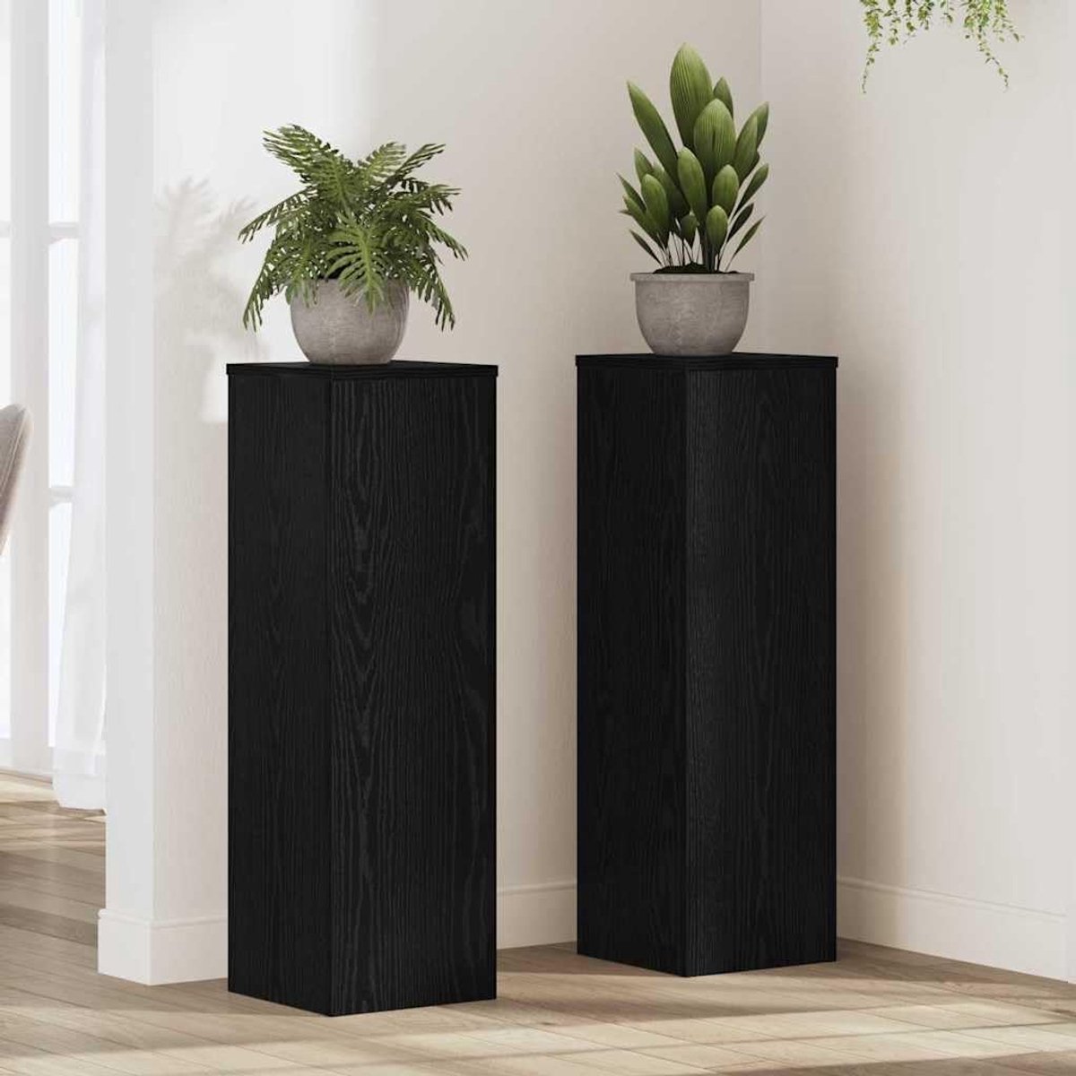 Plantenstandaard, set van 2, zwart, eikenlook, 25 x 25 x 80 cm, bloemenstandaard voor binnen en buiten, plantenzuil met modern design, eenvoudige montage
