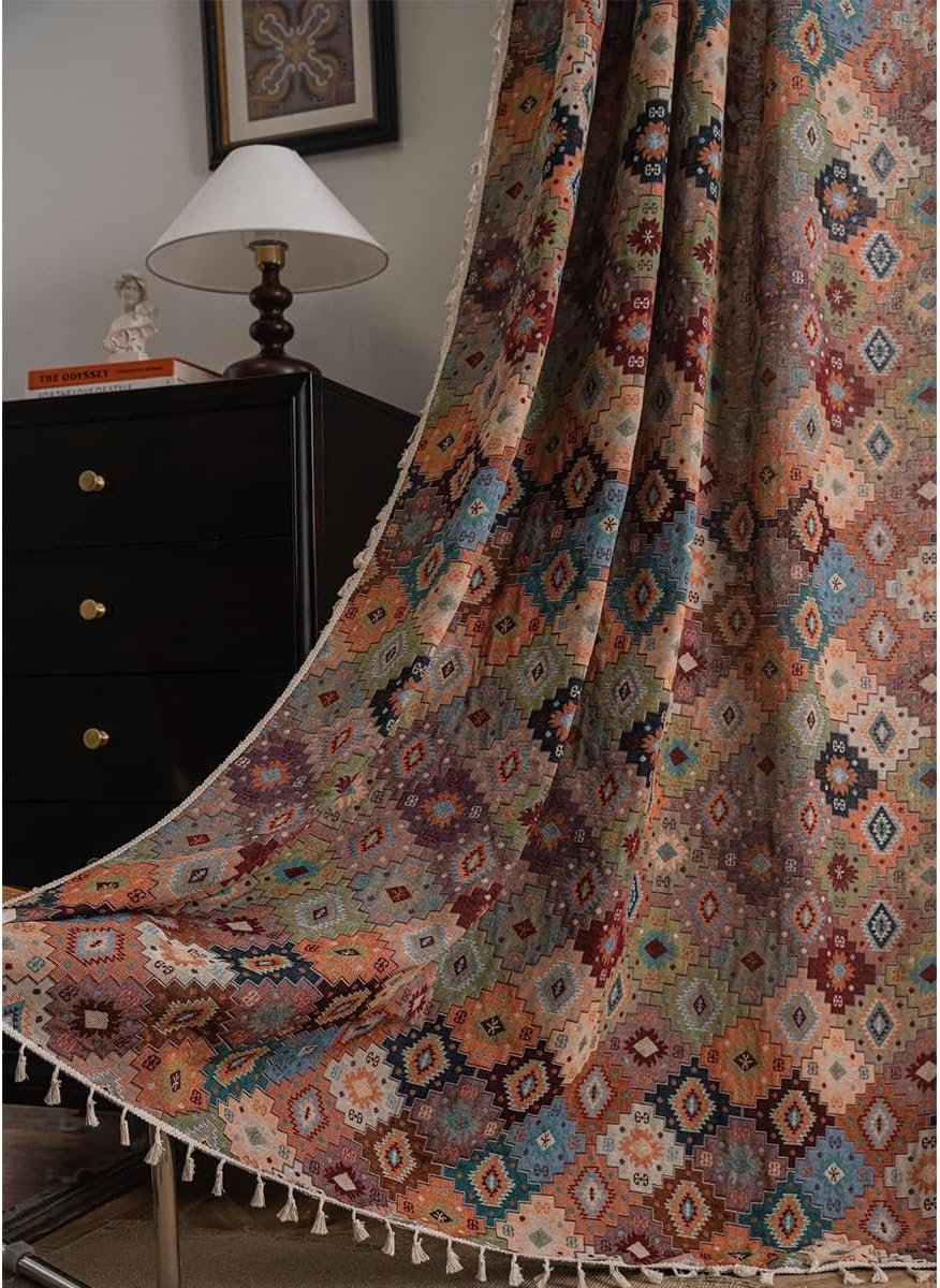 Vintage gordijnen, geometrisch, ondoorzichtig, oranje, linnenlook, boho, etno, jacquard, katoenen gordijnen met kwastjes, stang, voor woonkamer, slaapkamer, 1 stuk, 150 x 240 cm (b x