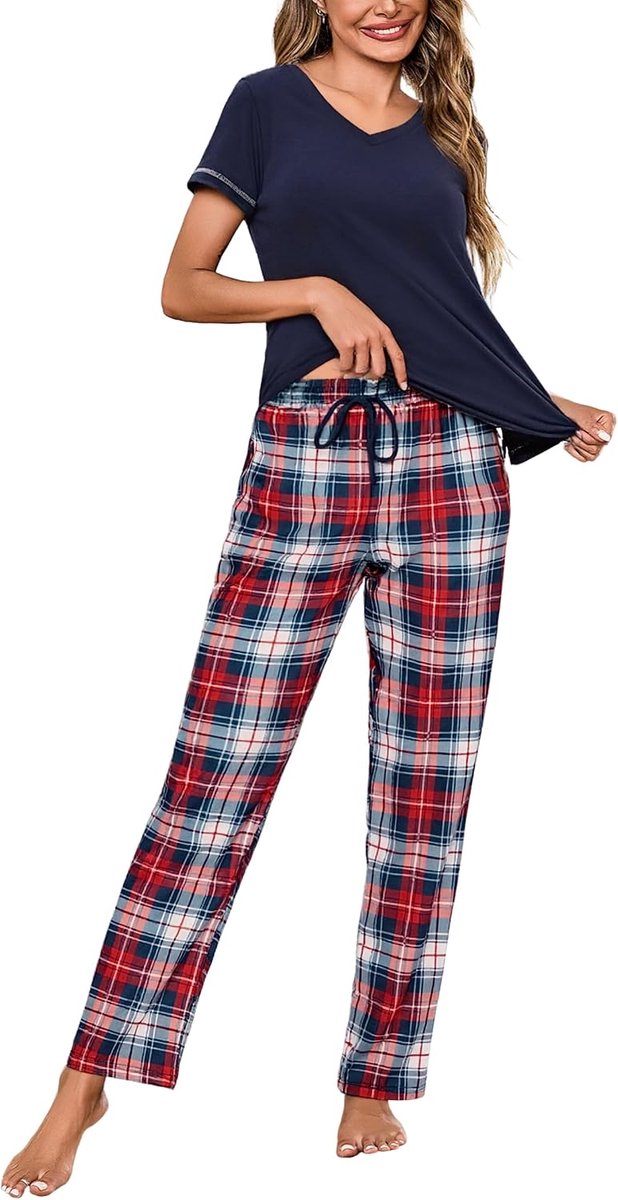 Damespyjama-set met korte mouwen, katoenen pyjama, loungewear, zachte nachtkleding, nachtkleding, set met zakken