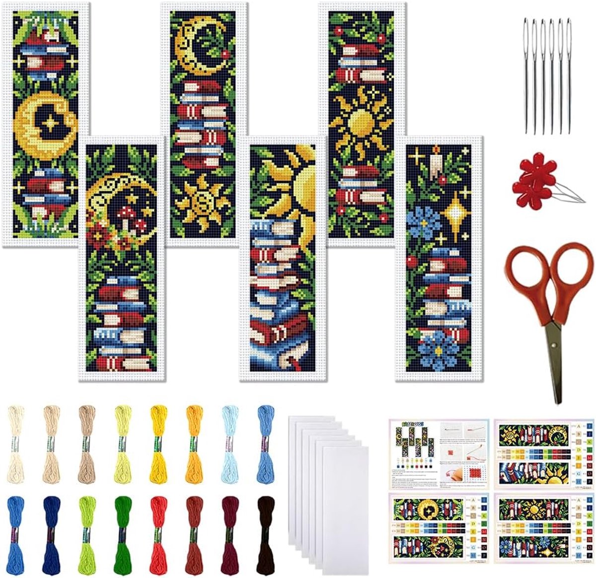 6 Set Kruissteek Bladwijzer Kit voor Volwassen Beginners Gedrukt Kruissteek Kits Zon en Maan Gestempeld Kruissteek Kits Borduurwerk Bladwijzers Kit voor Craft Gift 11CT, 20x6cm/8x2.4inch