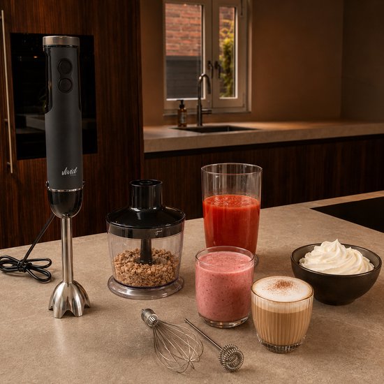 Zwarte staafmixer, hakmolen met gruis, smoothie, cappuccino en kom slagroom.