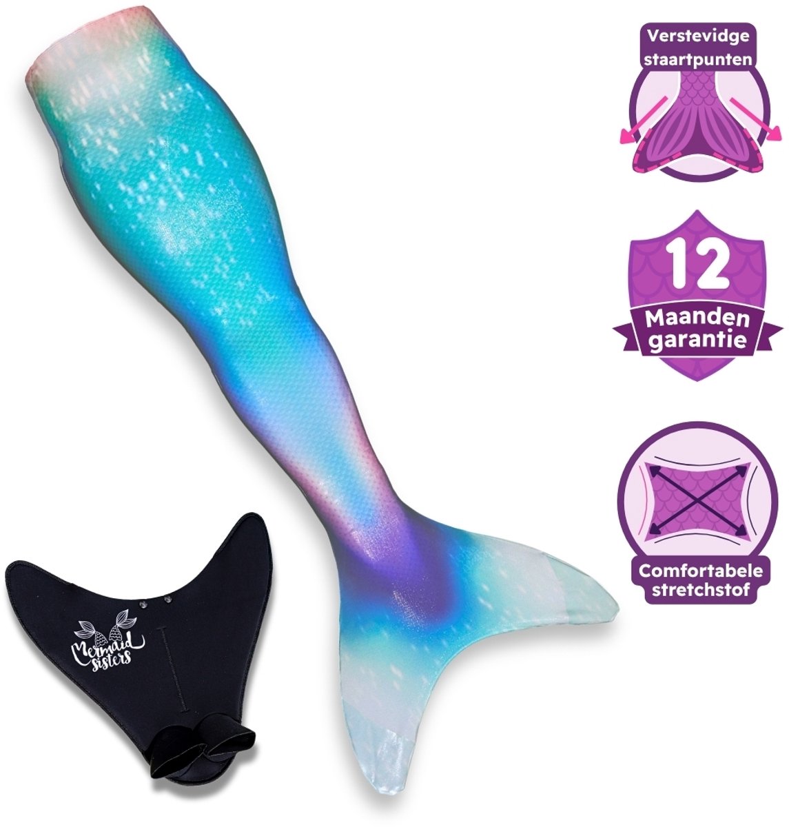 Mermaid Sisters Prinses Ariel - Zeemeermin Staart met Monovin voor Meisjes - Blauw/Paars - Maat 34-36