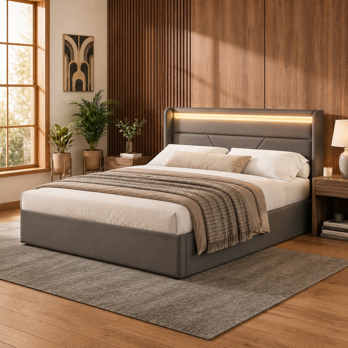 Gestoffeerd bedframe - voor matras 160 x 200 cm - grijs - met LED-verlichting en opbergruimte en lattenbodem - voor de slaapkamer