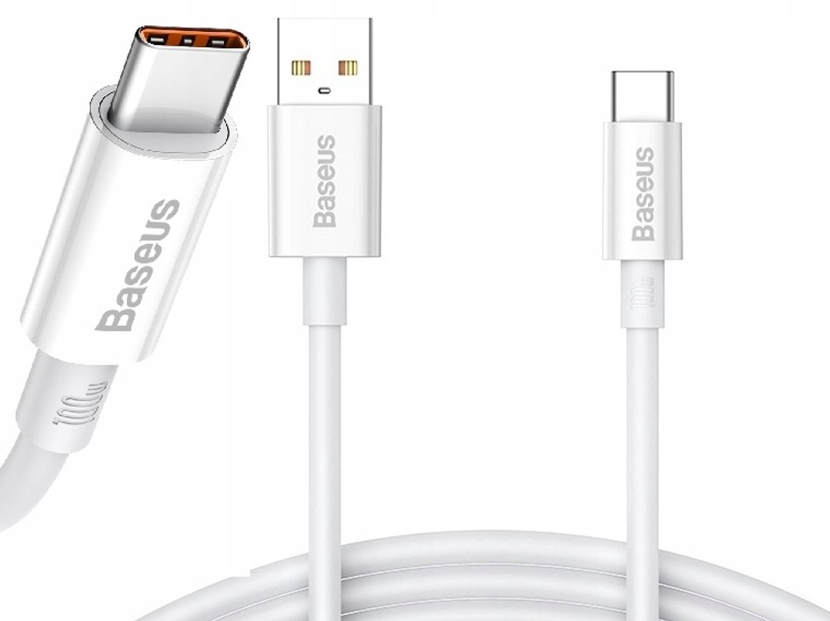 Baseus USB-C Kabel 100W 6A Snel Laden voor Xiaomi 12T/Pro/12X - Wit