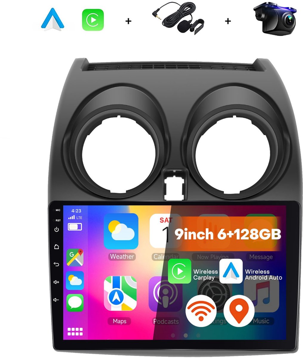 Boscer 2 Din Autoradio - Geschikt voor Nissan Qashqai (2006-2016) - Draadloos Apple CarPlay & Android Auto - 9 Inch HD Touchscreen - Android 15 - 6+128GB - GPS - WiFi, Bluetooth & USB - Achteruitrijcamera & Microfoon