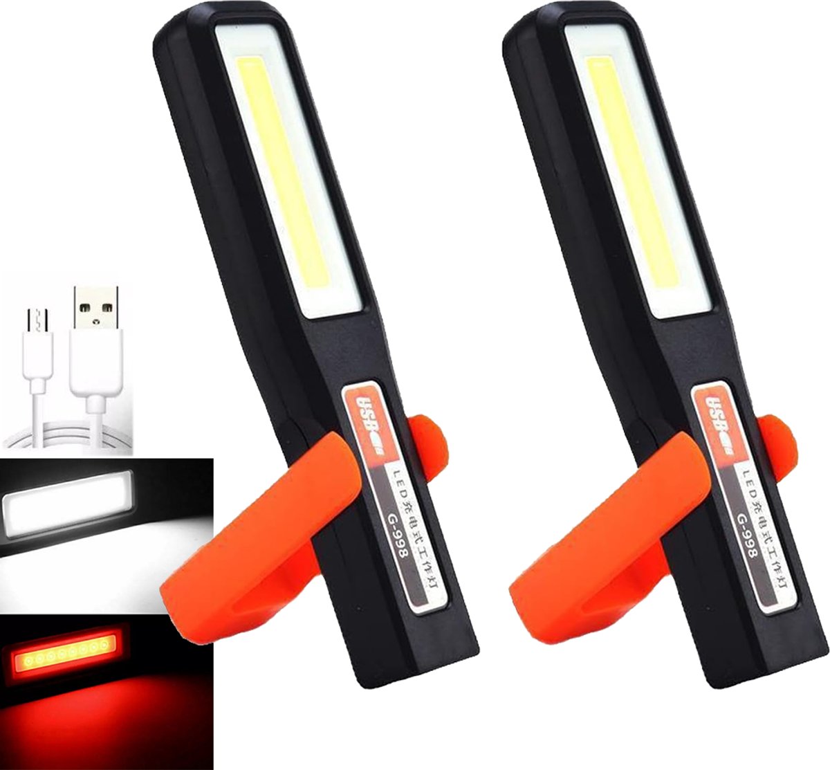 COB LED-autowerklamp – Magnetische stripverlichting – Handlamp – Noodwerklamp – Zaklamp met hoge lichtintensiteit – Werkplaatslamp – USB-oplaadbaar – Met magnetische haak – 2 stuks