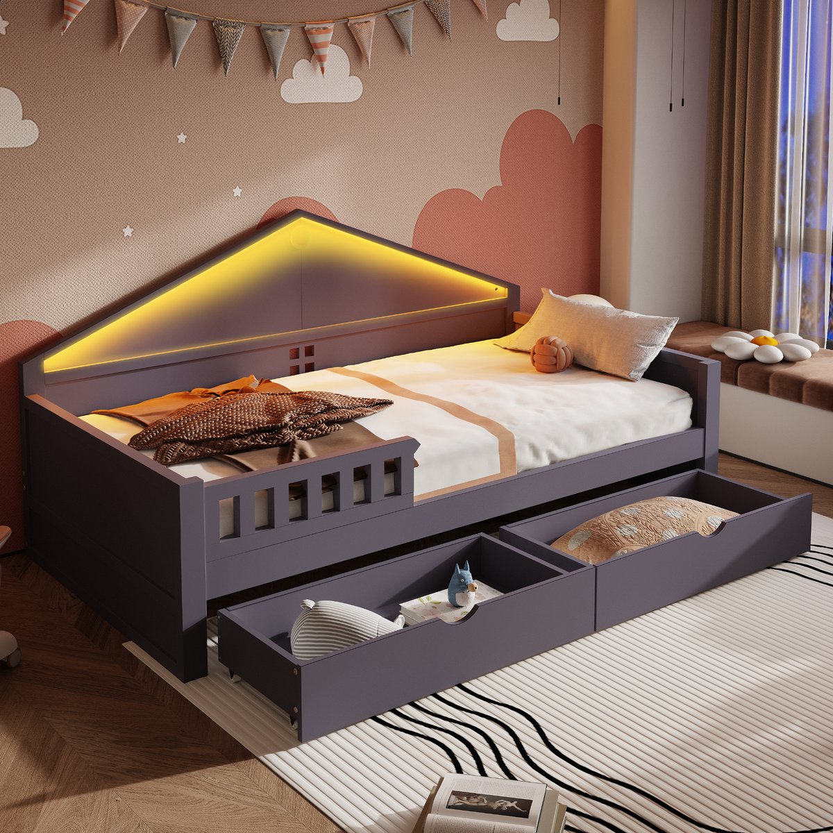Kinderbed 90×200 cm, Huisvorm Bedhuisje, Met Lichtstrip, Lades, Lattenbodem, Eenpersoonsbed, Tienerbed-Grijs