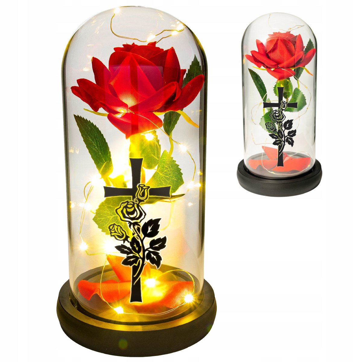 LED Graf Decoratie: Roze in Glazen Koepel met Kruis