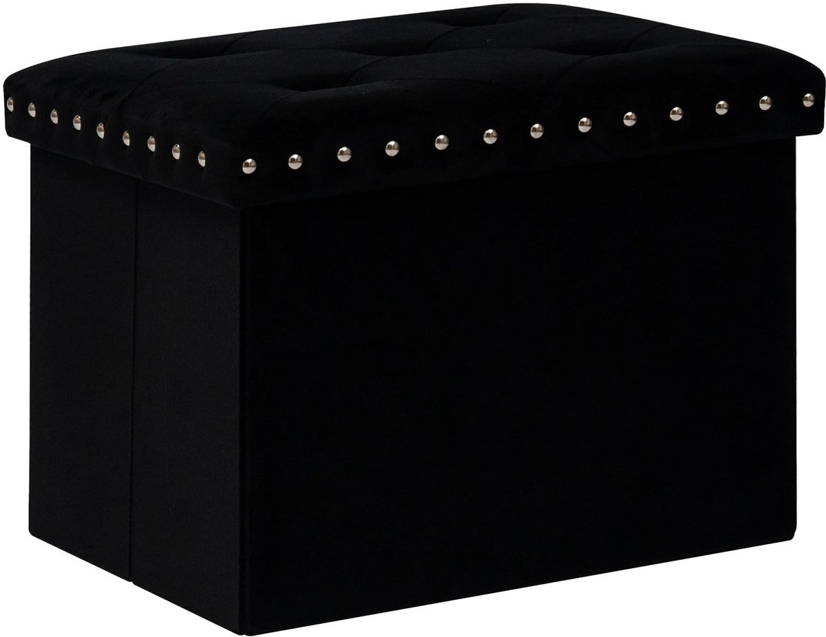 Elzusha - Opvouwbare Opbergpoef met Rivetten - Zwart Fluweel - 42x32x32 cm