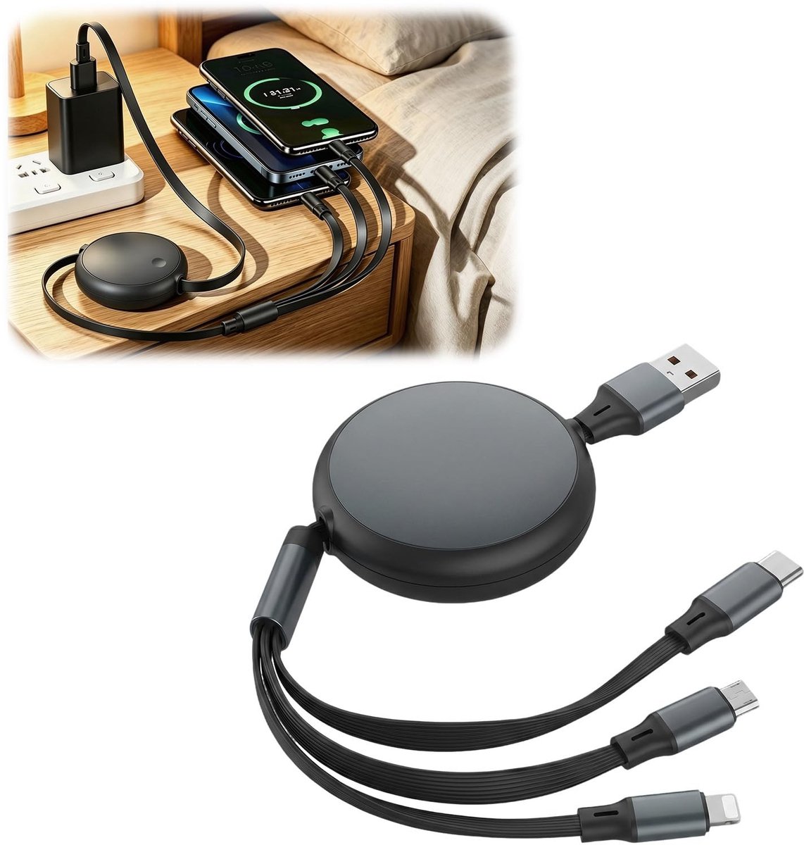 SolidKeus - 3-in-1 Intrekbare Oplaadkabel voor USB Type C en Micro