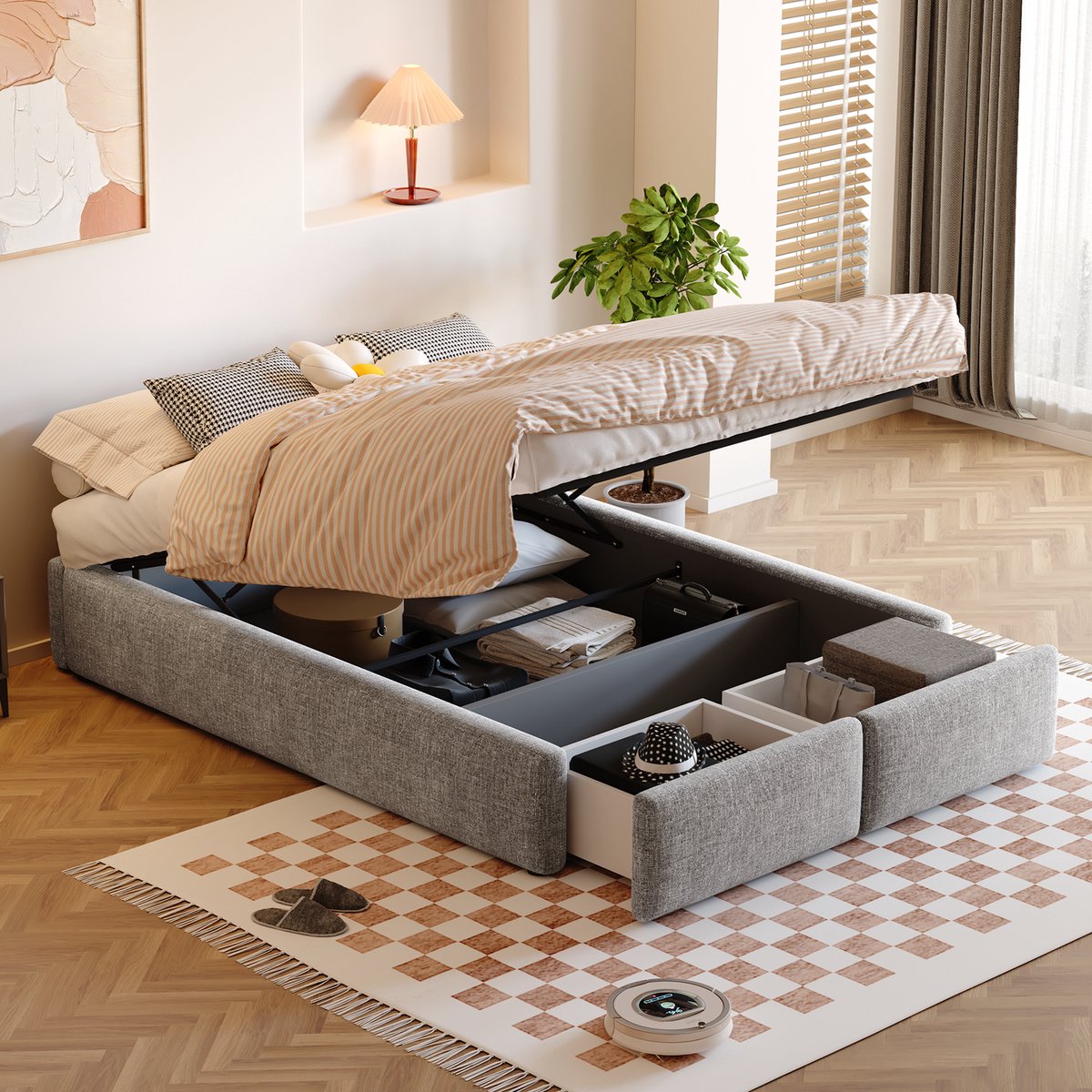 Gestoffeerd bedframe - voor matras 140 x 200 cm - grijs - met opbergruimte en lattenbodem - matras niet inbegrepen - voor de slaapkamer
