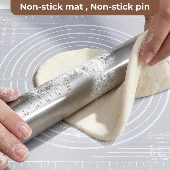 Antislip siliconen bakmat 50 × 40 cm + antiaanbaklaag deegroller - roestvrijstaal - fondantglazuur - pizza - pasta - koekjes van Merkloos — afbeelding 3