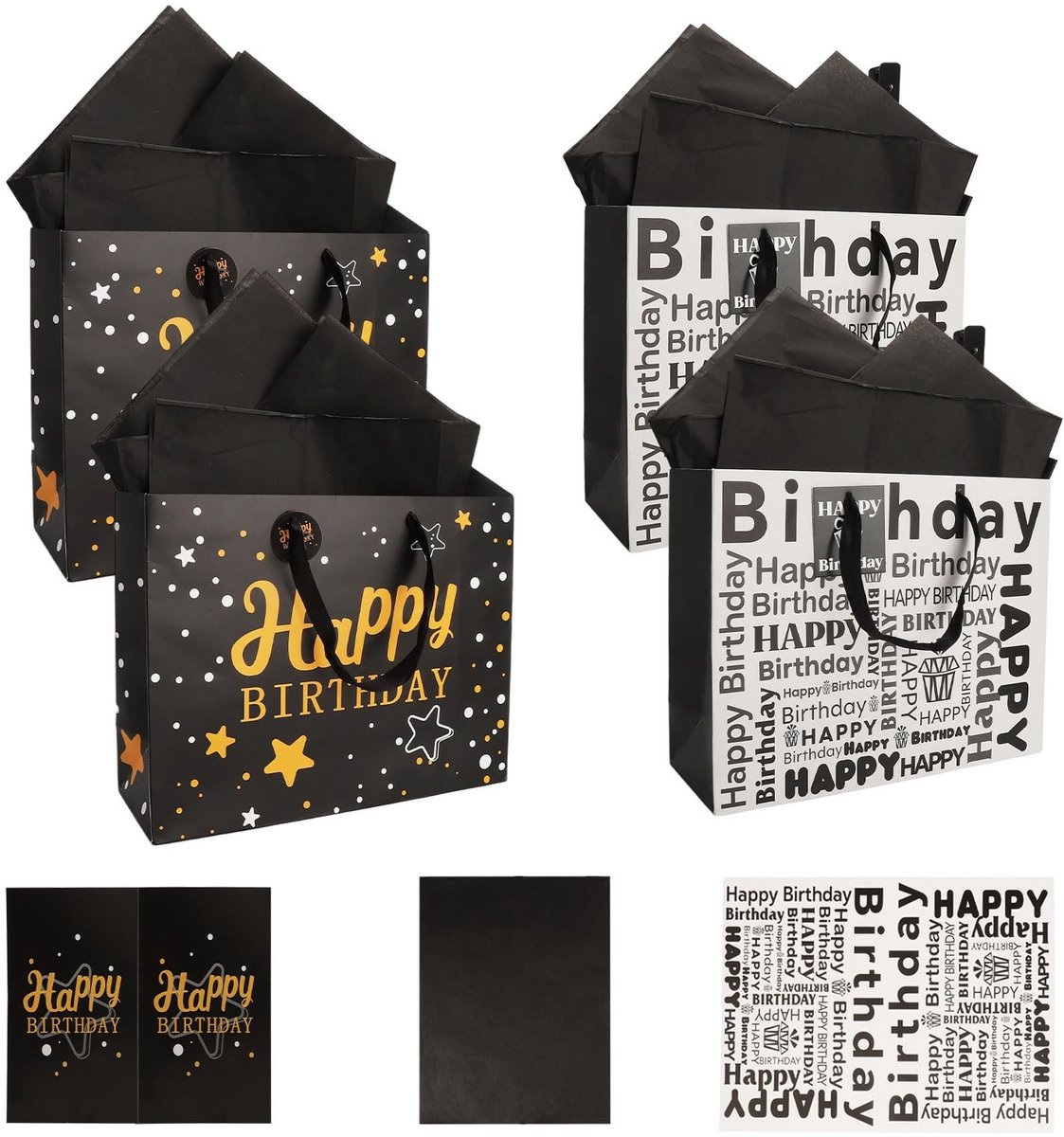 SolidKeus - Set van 4 Luxe Verjaardagscadeautassen met Kaart en Papier