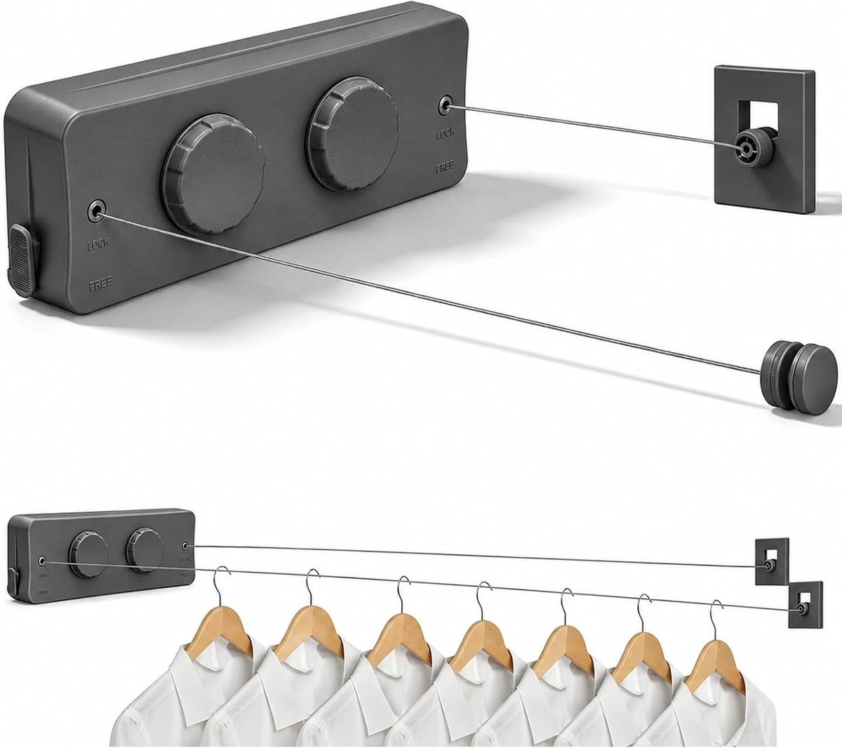 Waslijn uittrekbaar - Grijs - 2 x 5,2 meter - Roestvrijstalen Intrekbare Waslijn - Voor Binnen en Overdekte Buitenruimtes