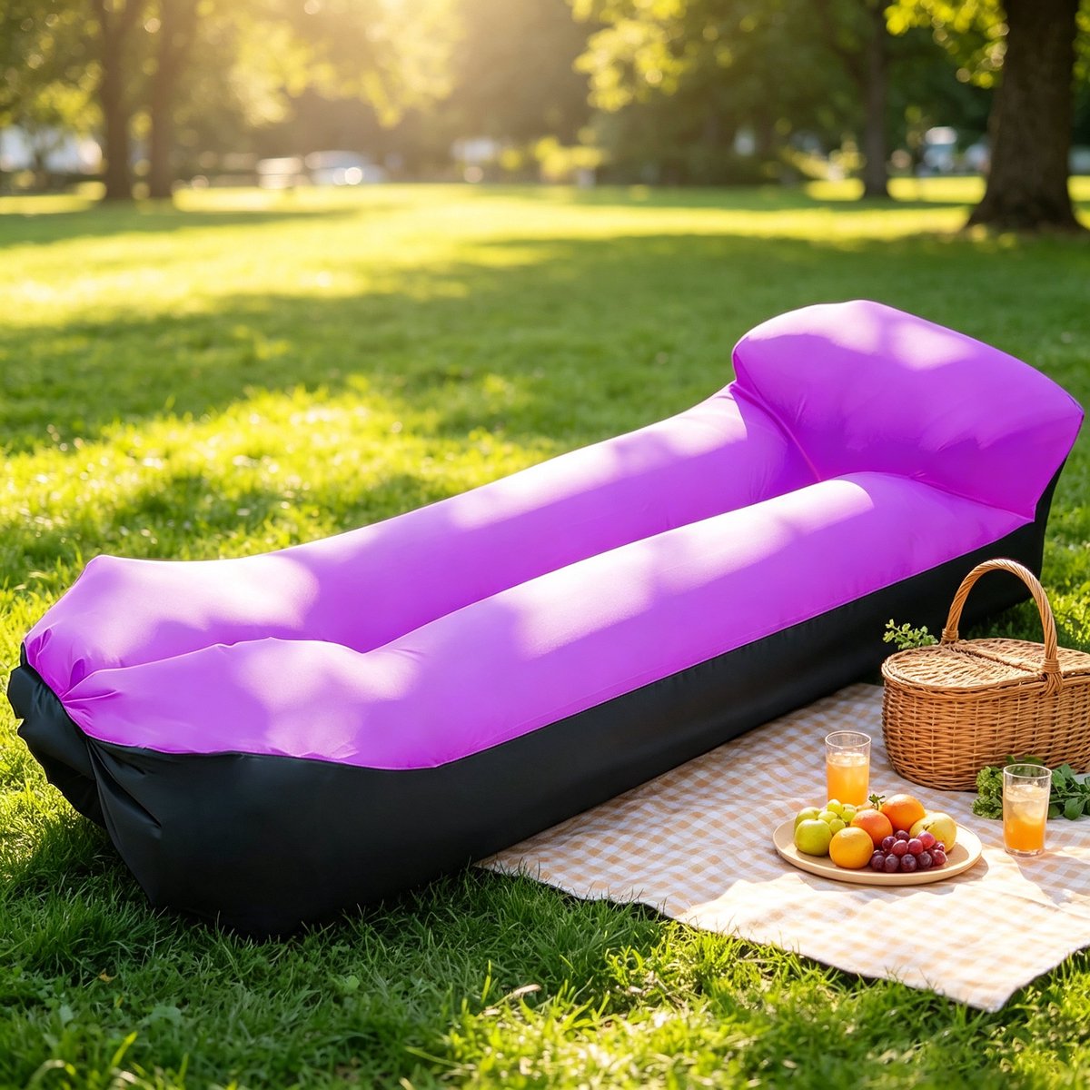 Opblaasbare slaapbank 220x70x60 cm paars‑zwart Draagbaar waterdicht met kussen voor kamperen strandpicknick muziekfestival en reizen