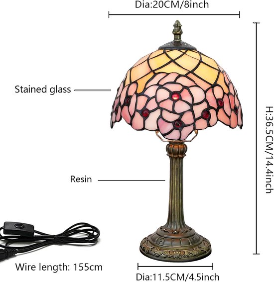 Tiffany Lamp in geblood glazen tafellamp, 20,3 x 20,3 x 35,6 cm, bureauleeslamp, decoratie naast slaapkamer, woonkamer, huis van OEMG — afbeelding 4