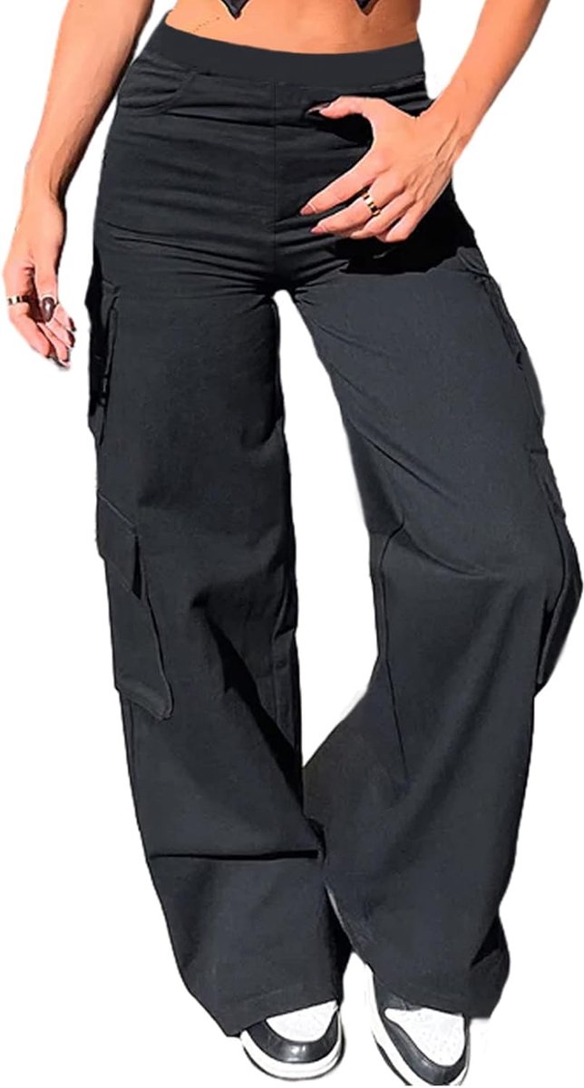 Cargobroek voor dames, brede broek, stretch, hoge taille, cargozakken, bootcut, slagbroek, damesbroek met elastiek, Y2K, voor tieners en meisjes, werkbroek, outdoor