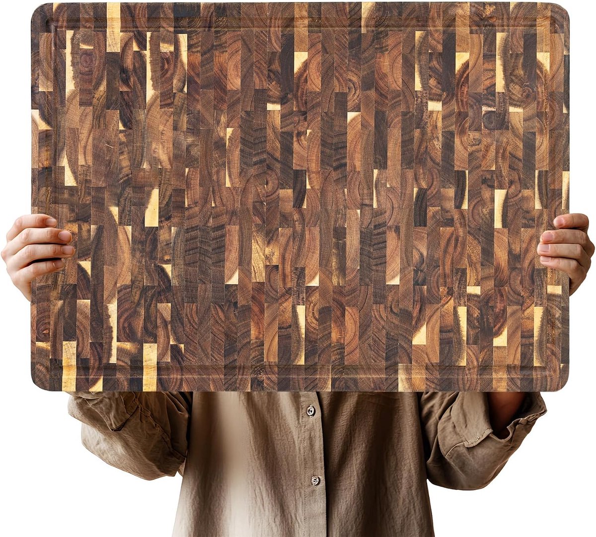 Grote Acacia-snijplank, eindnerf grootste houten slagersblok | Voor kalkoen, vlees, groenten, barbecue, snijplank met handvat en enkelzijdige sapgroef, 56 x 40.5 x3.5 cm