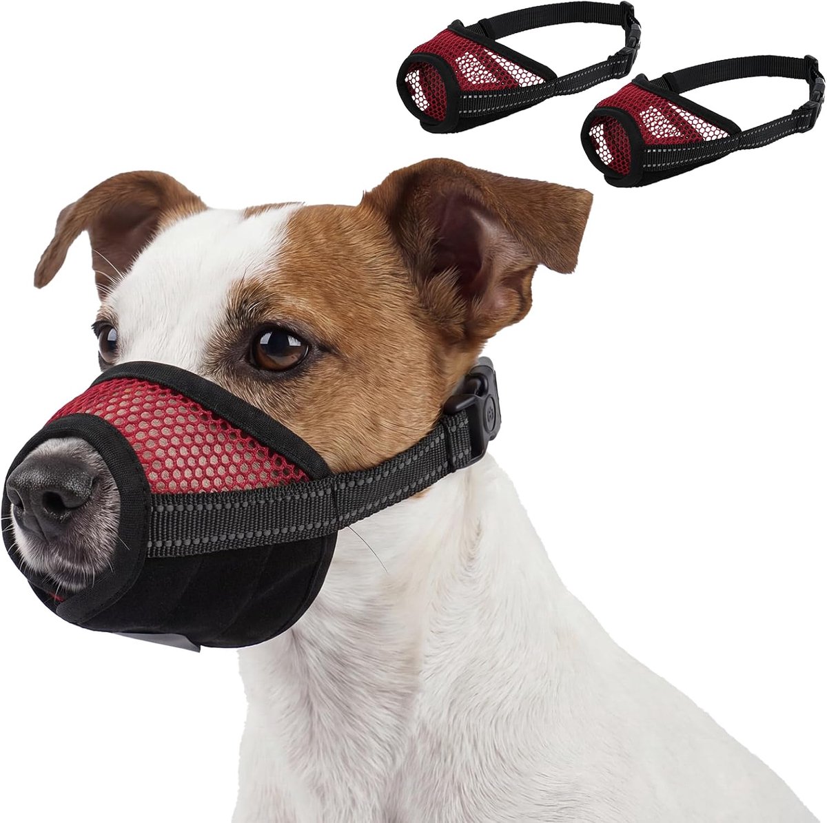 Muilkorf voor middelgrote honden, zachte mesh-muilkorf voor puppy's, verstelbaar, ademend, voorkomt bijten, ademend blaffen en kauwen (rood, M)