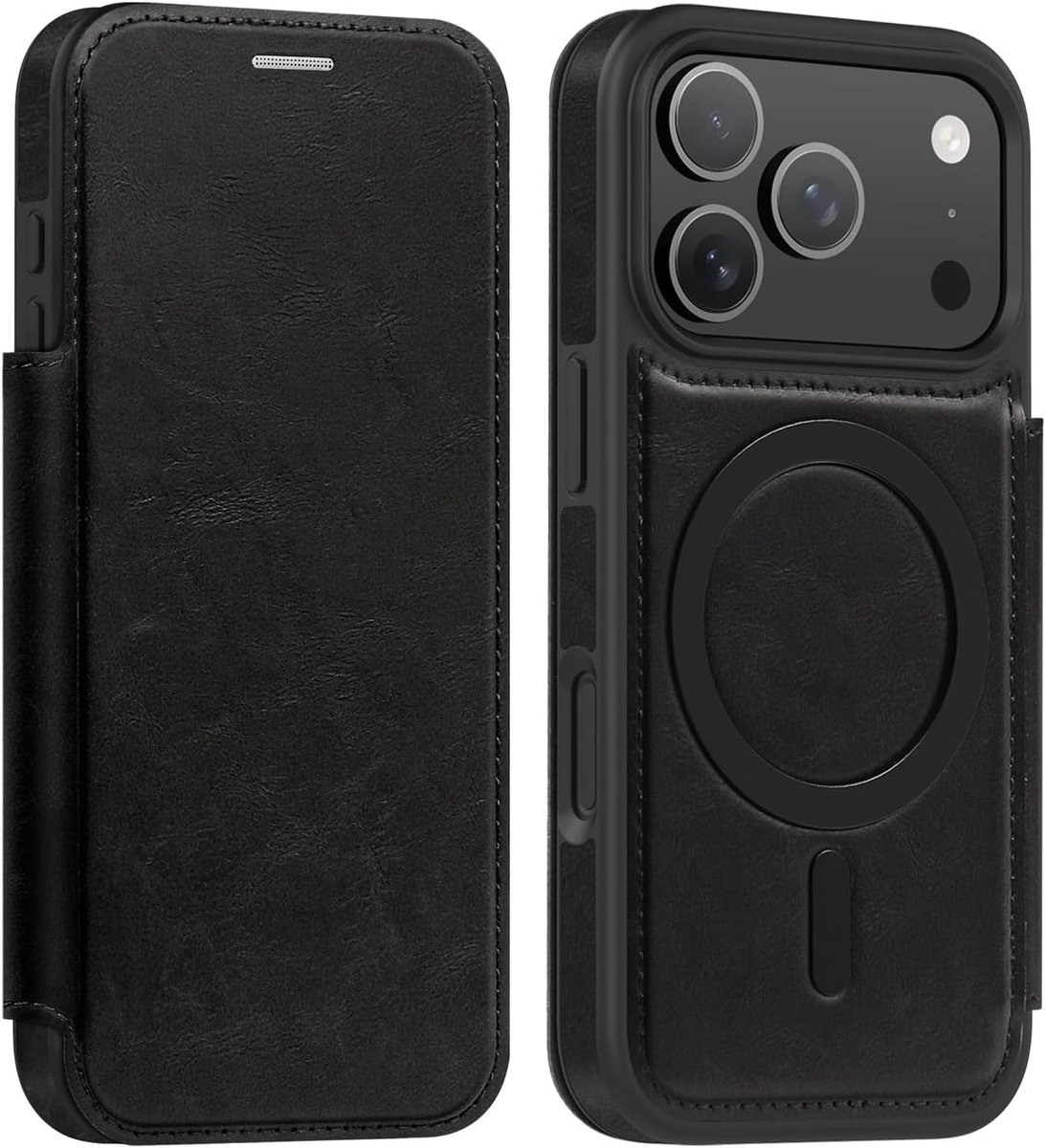 Hoesje voor iPhone 17 Pro Flip Case Compatibel met MagSafe, PU-leren portemonneehoesje met kaartsleuf en RFID-bescherming - zwart