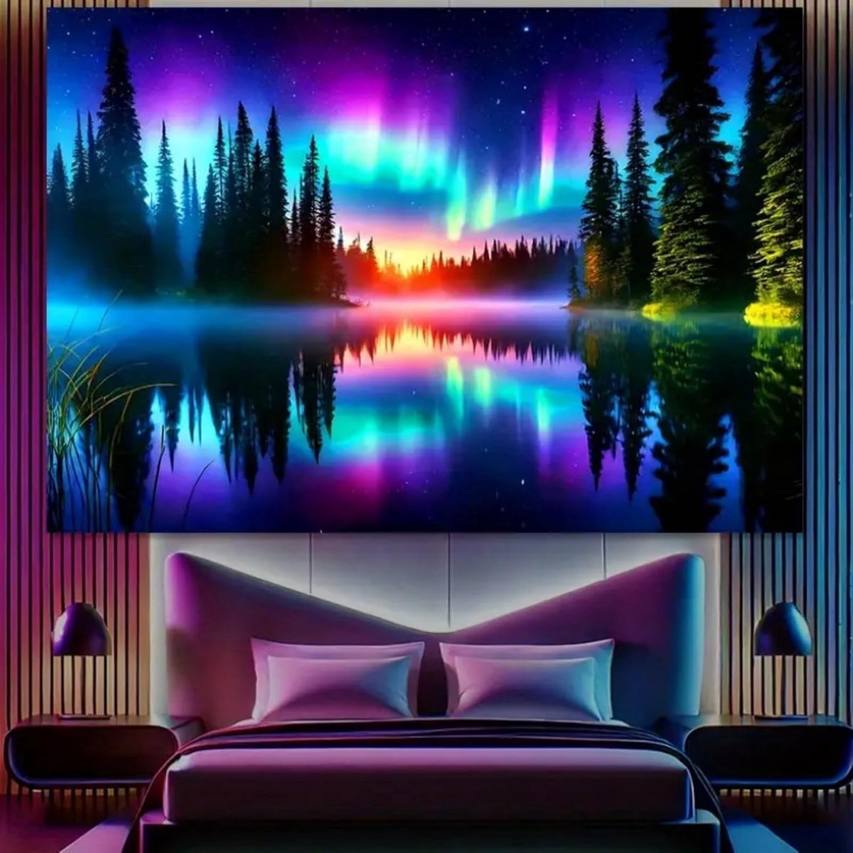 Blacklight Wandtapijt, noorderlichtmotief, bos en meer, UV-reactieve wandtapijten, esthetische wanddoeken, decoratie, woonkamer, slaapkamer, gamingkamer, blauw, 150 x 130 cm