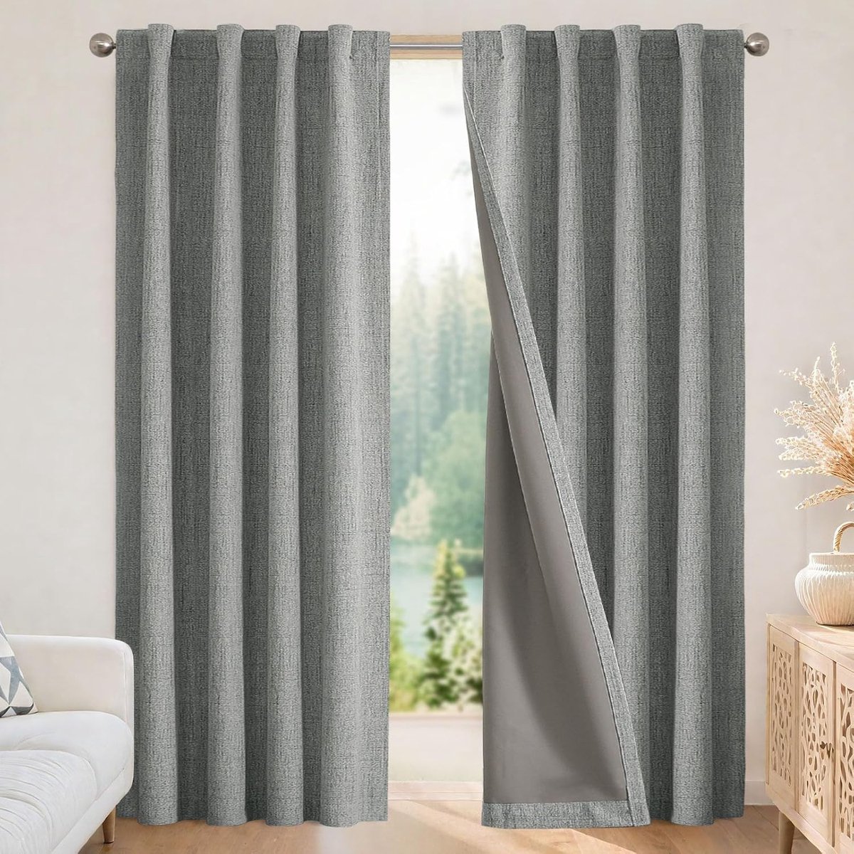 100% ondoorzichtige gordijnen met lussen, linnen uitstraling, 2 stuks, verduisterende gordijnen met trekkoord, thermische gordijnen, warmtebescherming voor de woonkamer