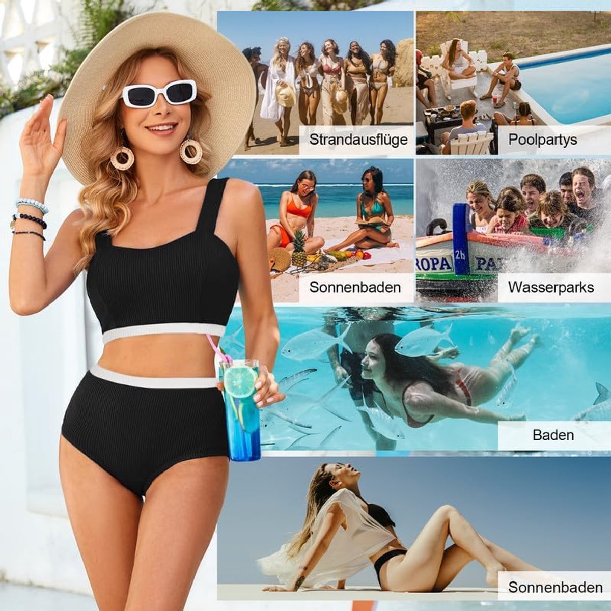 Sets voor dames, gevoerd bikinitop en bikinibroekje met hoge taille, bescheiden badkleding, elastische, geribbelde badmode, zacht sportzwempak