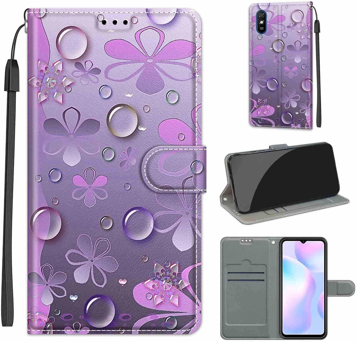 Hoes voor Xiaomi Redmi 9A/9AT, bloemen | Duurzaam PU-leer, Klaphoes met rondom bescherming, Kaartsleuven, Standfunctie
