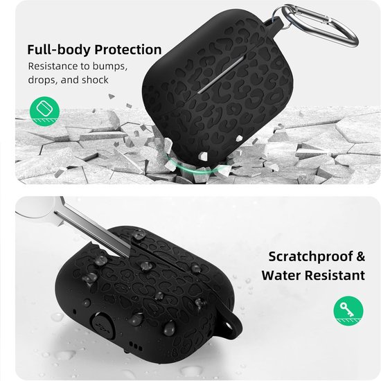 Bloem Gegraveerd Hoesje Compatibel met AirPods Pro 2 Case 2022, Silicone Beschermend Hoesje voor Apple AirPods Pro 2e/1e Generatie, Hoesje met Karabijnhaak [Front LED Zichtbaar], Luipaard Zwart van bloem — afbeelding 5
