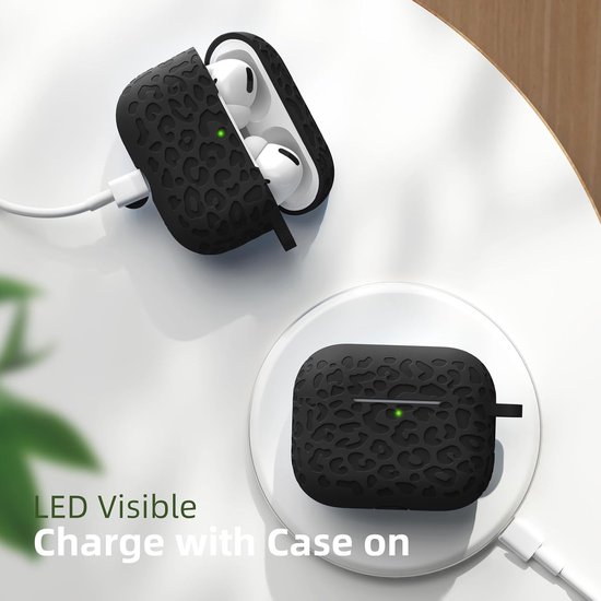 Bloem Gegraveerd Hoesje Compatibel met AirPods Pro 2 Case 2022, Silicone Beschermend Hoesje voor Apple AirPods Pro 2e/1e Generatie, Hoesje met Karabijnhaak [Front LED Zichtbaar], Luipaard Zwart van bloem — afbeelding 2