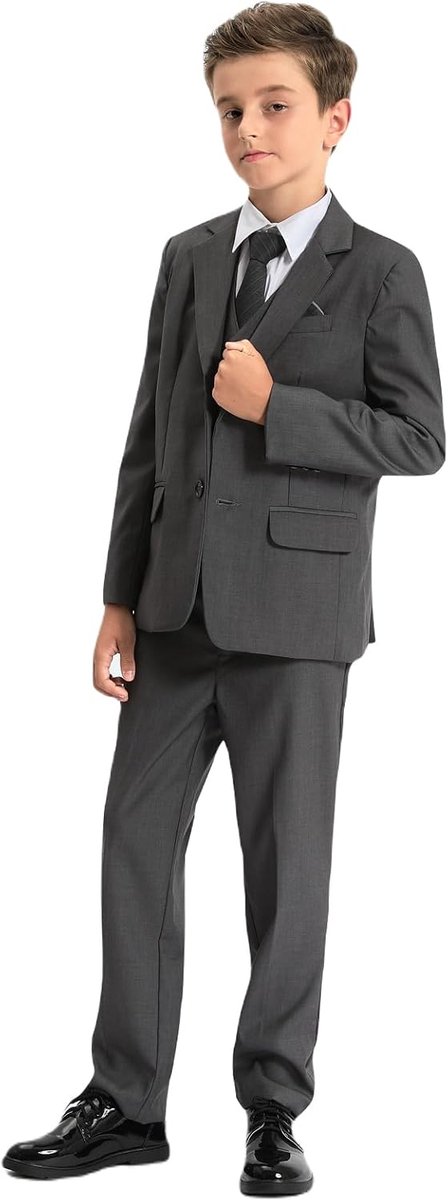 Mintgreen 6-delige Jongenspakken Set, Blazer & Broek & Gilet & Overhemd & Stropdas met Pochet, 7-12 Jaar
