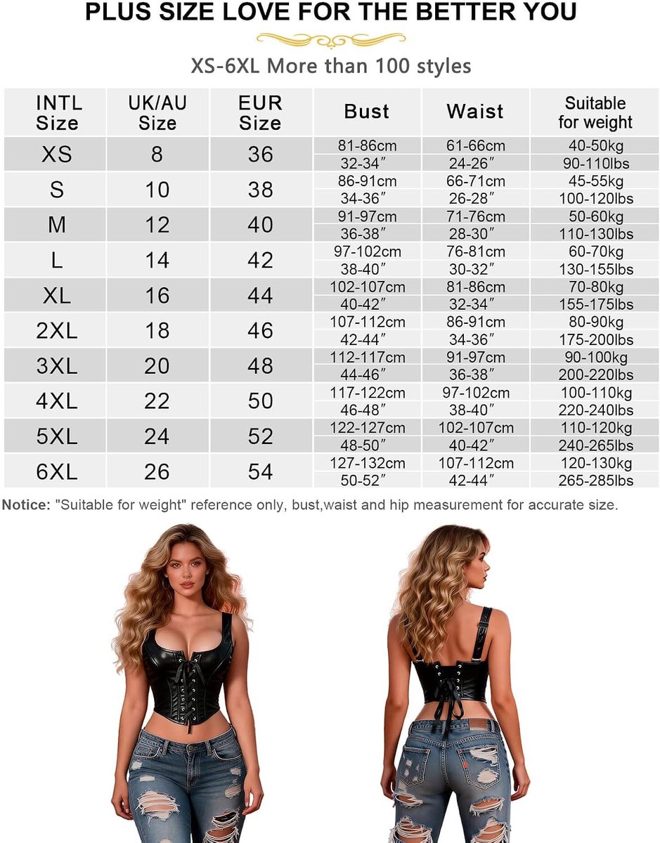 Comeondear Korsettop dames PU-leer XS-2XL sexy korset top corsage sexy ondergoed voor mollige vrouwen U-hals korset lederen bovenstukken met veters voor/achter grote maten clubwear kinky-outfit