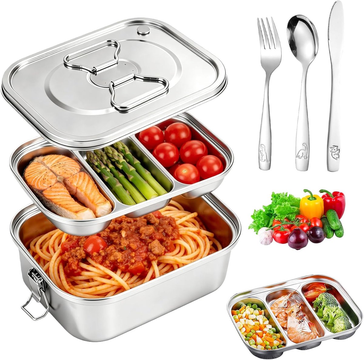 Broodtrommel met vakken, onderverdeelde roestvrijstalen lunchbox, 3 vakken, dubbellaags geïsoleerd, inclusief vork, mes, lepel, dubbellaagse lunchbox voor snacks, salade, fruit en