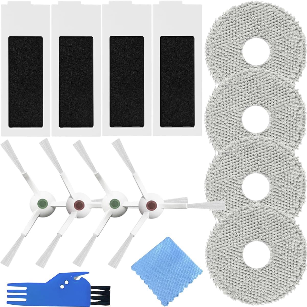 12 Pcs Replacement Parts for Ecovacs Deebot T20 Omni / T20e Omni Robot Vacuum Cleaner 4 Filters 4 Side Brushes 4 Mop Cloths Accessories Kit Edge Brush Mopping Pad Attachment Spare Set